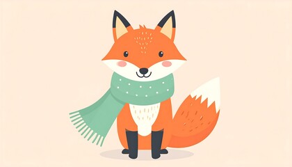 Cheerful Fox Wearing a Pastel Scarf in a Soft Color 2D Illustration with a Minimalist Style