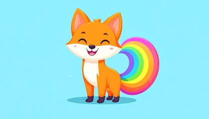 Smiling Cartoon Fox with Pastel Rainbow Tail in 2D Style on a Bright Background