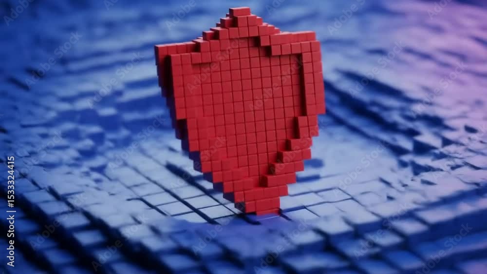 Poster red pixelated shield on blue cube background digital security and protection modern geometric design