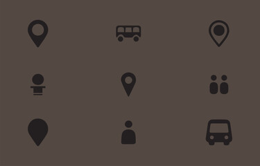 Simple black icons set for location map navigation transportation and people