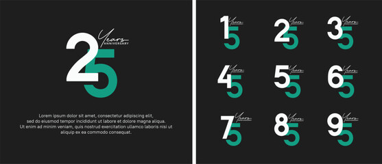 set of anniversary logo flat white and green color on soft black background for celebration moment
