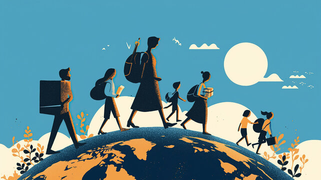 Silhouette figures walking on a globe for World Refugee Day