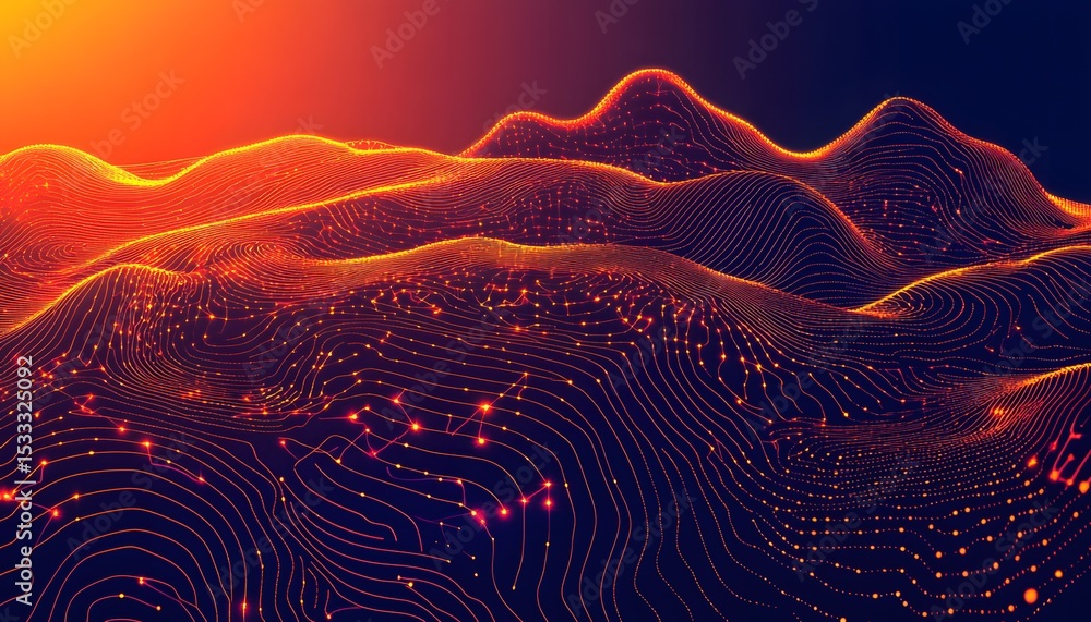 Poster abstract digital landscape with glowing lines and points.