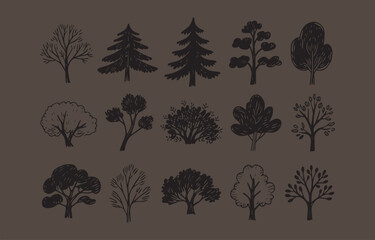 Collection of hand drawn black silhouettes of various trees and shrubs
