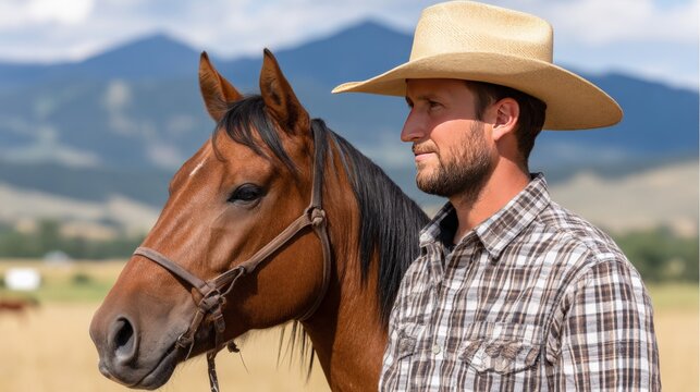 A man wearing a cowboy hat stands beside a brown horse outdoors in a rural landscape