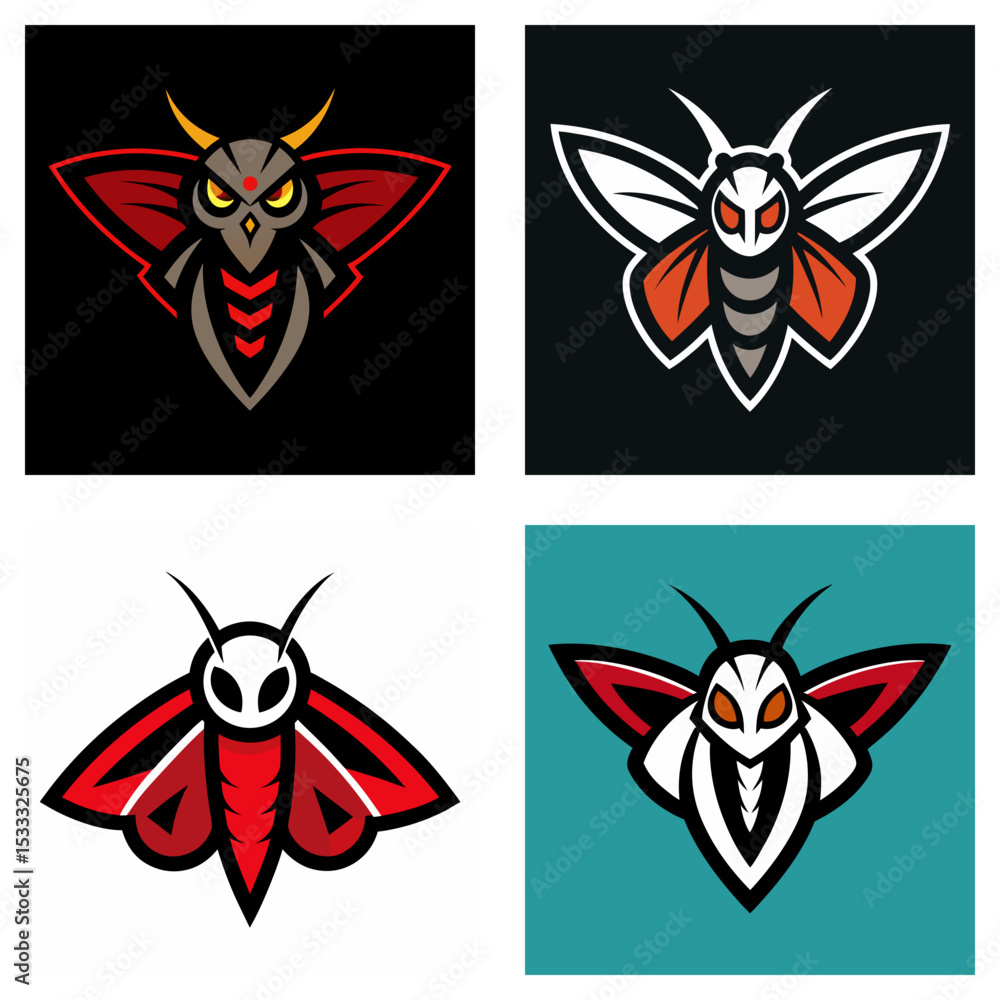 Poster collection of four stylized moth logos with varied color schemes and unique design elements shown
