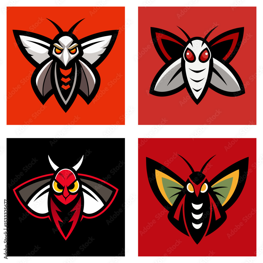 Poster four square images featuring different colored moth designs with unique stylistic characteristics pr