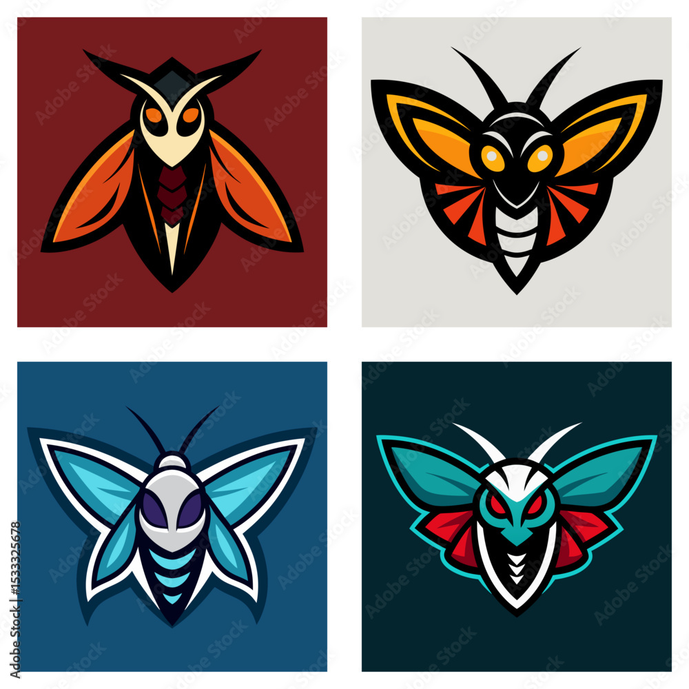 Poster four square images of stylized moth logos with different color schemes and background variations
