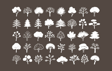 Collection of thirty six white silhouettes of various trees on dark brown background