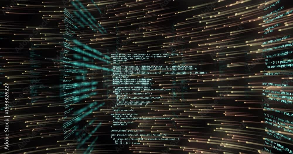 Aufkleber turquoise code lines and gold dots emerging causing panels streaming rotating visualizing data flow