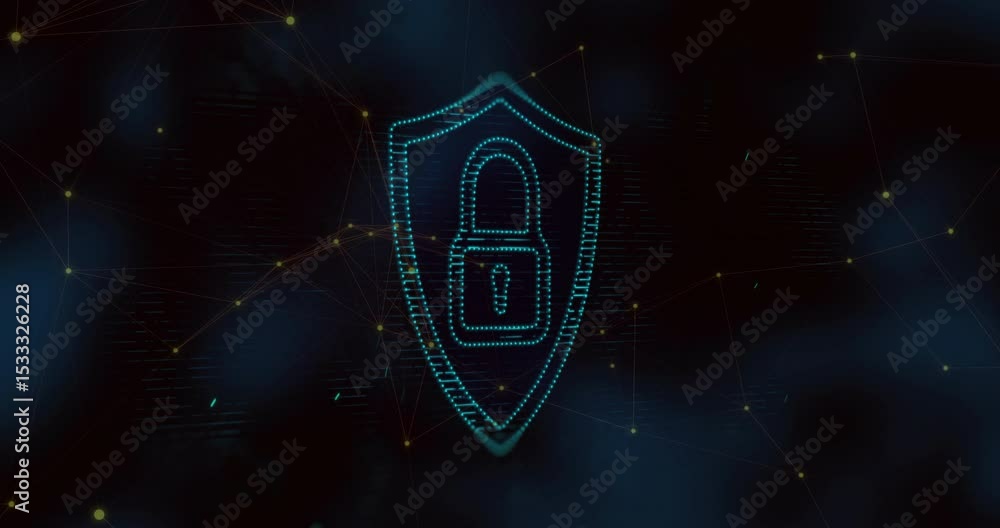 Poster scan line sweeping teal shield dissolving to dots then reforming dot padlock representing security