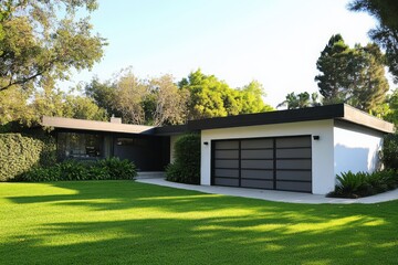 White and Black Modern Ranch House with Gray Garage Door