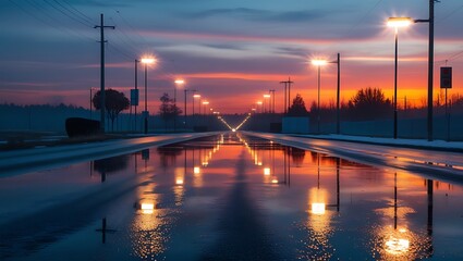 Fototapeta premium Wet Asphalt Road Reflecting Streetlights at Sunset in Urban Scene