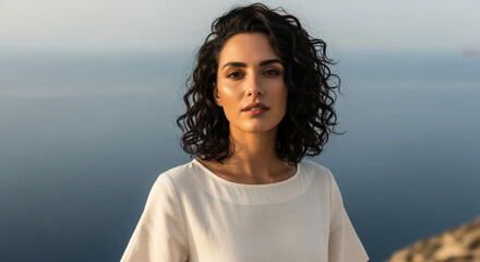 Serene Greek Woman with Curly Hair by the Sea