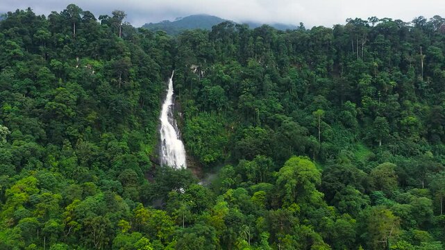 Aerial drone of Waterfall in a tropical forest. Mapalana Falls. Sri Lanka.