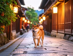 京都の石畳と柴犬
