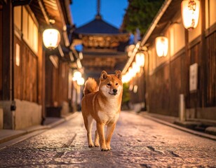 京都の石畳と柴犬
