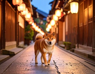 京都の石畳と柴犬

