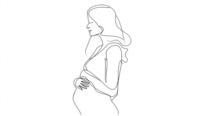 Fototapeta premium Minimalistic line art depicting a pregnant woman gently cradling her belly in a serene and symbolic representation of motherhood