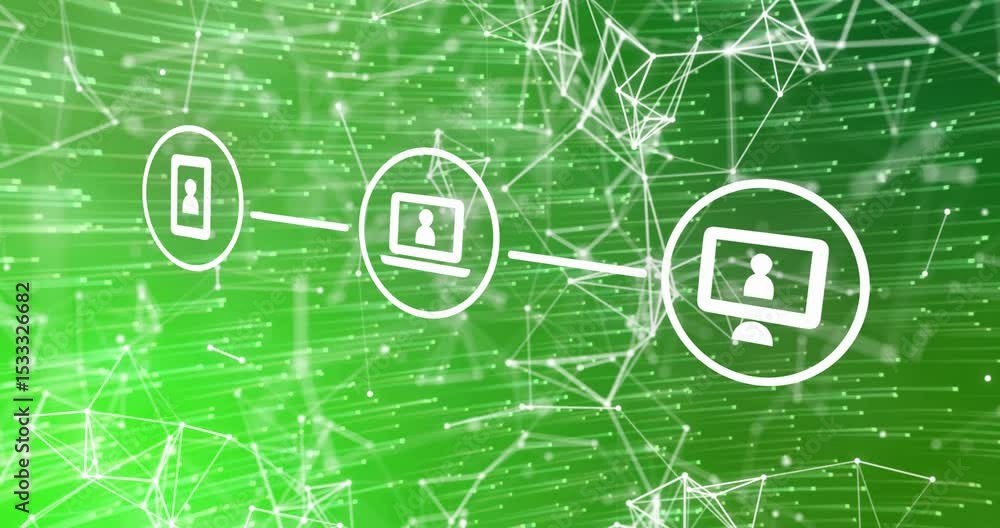 Poster Desktop icon appearing triggers device icons linking and pulsing, showing connectivity on network