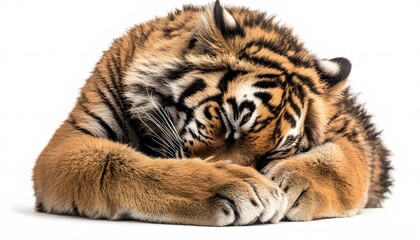 Sleeping tiger resting on white background.