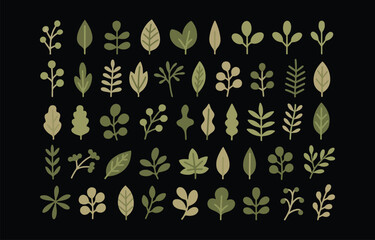 Collection of flat style green leaves and branches for design