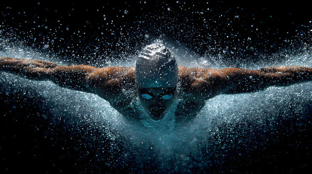 Swimmer doing butterfly stroke, water droplets suspended mid-air 