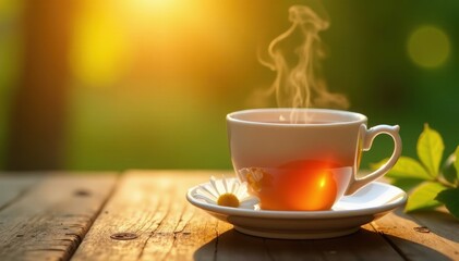 Delicate teacup filled with steaming chamomile tea sitting on a wooden table amidst golden evening light, golden tea, nature