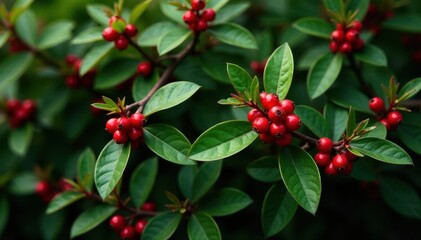 Dense foliage of euonymus bush with red berries, outdoors, euonymus