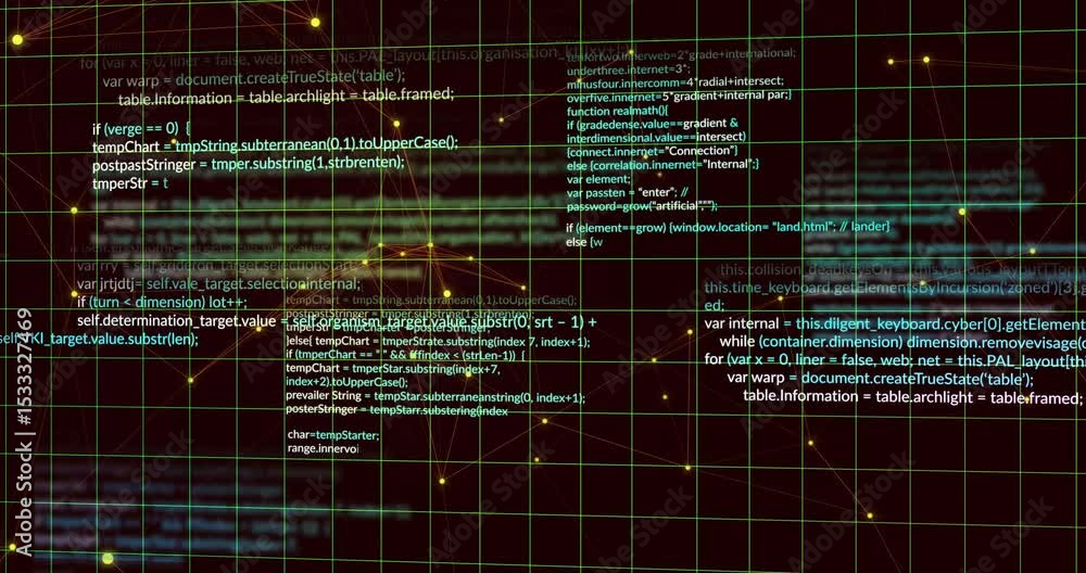 Poster yellow nodes appearing on receding green grid starting code blocks scrolling and pulsing data flow
