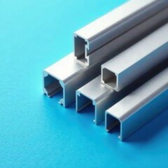 Extruded aluminum profiles in various shapes sit on a sleek blue surface , blue background, close up