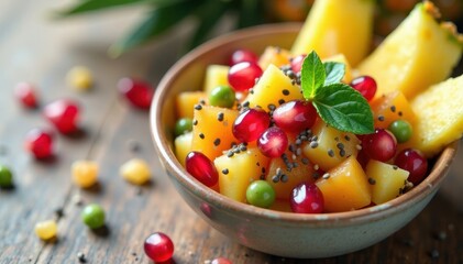 Exotic mix of pomegranate seeds, pumpkin seeds, and chia seeds in a small bowl next to a cluster of fresh pineapple slices , superfood bowl, healthy snack