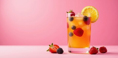Fresh fruit cocktail with colorful ingredients floating in a glass on a pink background, pink, liquid