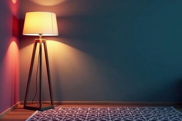 Floor lamp with slim profile standing on a wooden base next to a geometric-patterned rug in monochromatic hues, wooden base, contemporary style