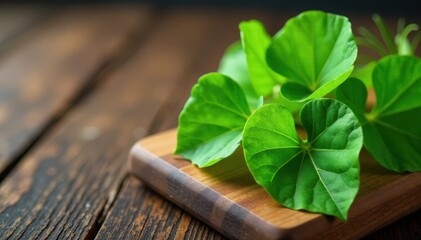 Fresh green Centella asiatica leaves with intricate veination on a wooden cutting board , botanical, vegetable