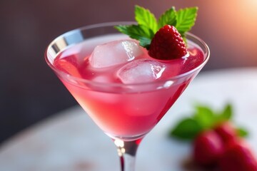 Fresh fruit-infused pink drink with a sprig of mint and ice cubes in a martini glass , ice, drink