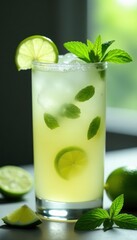 Fresh lime wedges and mint leaves garnish a clear margarita glass filled with a chilled tequila-based beverage, lime, spirit