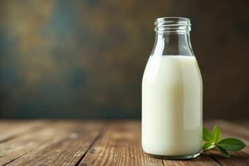 Glass bottle filled with fresh milk on a wooden table, home, products