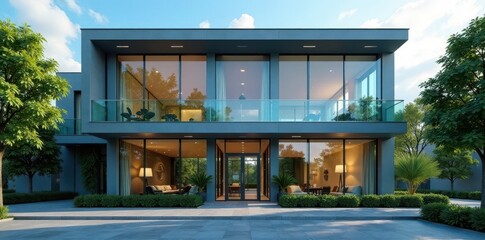 Glass and Steel Modern Office Building Front view, urban landscape, corporate building