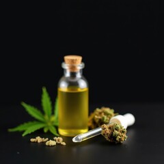 Glass bottle and pipette on black background with cannabis oil and dry marijuana flowers, cannabis, oil