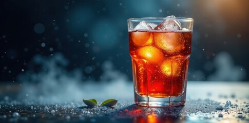 Glass filled with icy cold drink, surrounded by misty condensation, cold drink, icy drink
