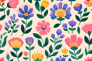 Vibrant Floral Pattern A Colorful Seamless Design of Flowers and Plants