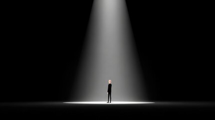A person with a mask in it stands in the center of an empty stage, a spotlight shining down upon it. minimalism. golden ratio . solid white light. solid black background. award winning quality and rat