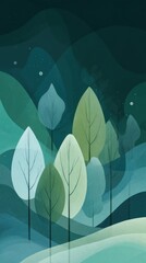 svg illustration style abstract night forest background. serenity. modern design. green color scheme.