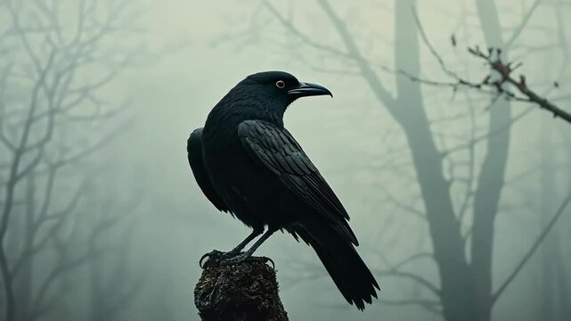 Eerie scene of single black bird, raven perched on tree in foggy, misty forest.
