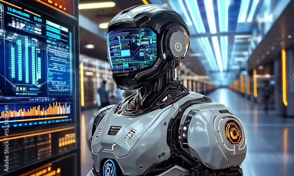 Aufkleber Futuristic robot analyzing data in modern terminal