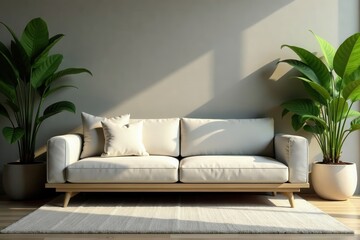 Low-slung sofa in neutral tones amidst lush greenery, monochromatic color scheme, minimalist decor