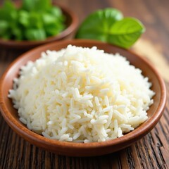 Long Grain Rice Basmati Grains on Wooden Plate, close-up photography, food style