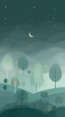 svg illustration style abstract night forest background. serenity. modern design. green color scheme.