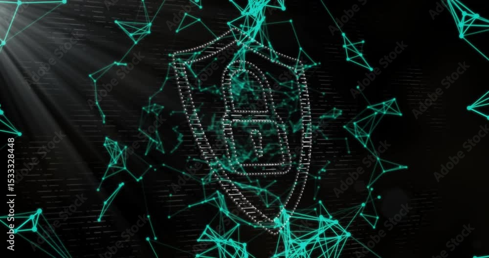 Poster drifting teal nodes connecting meshes sketching shield forming padlock securing data network